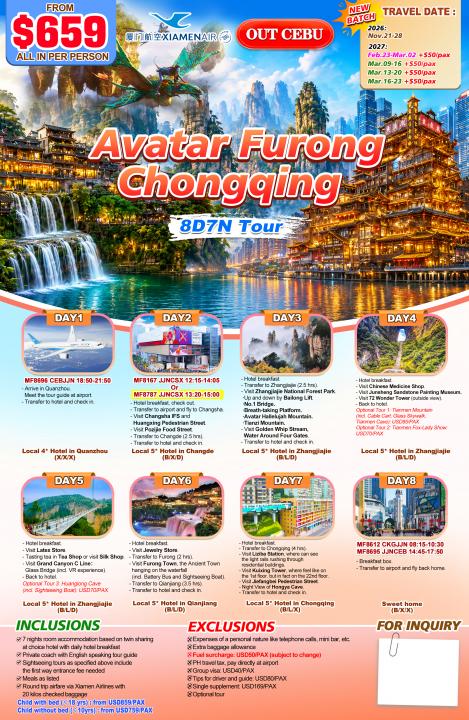 Avatar+Furong+Chongqing 8D7N (MF), out Cebu